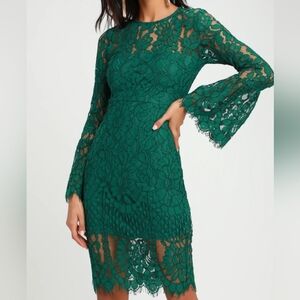 Lulu's Enrapturing Elegance Green Lace Long Sleeve Midi Dress XS